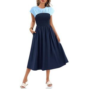 Smocked Cap Sleeve Crew Neck A Line Flowy Dress, BLUE, SMALL, 8I-146D001